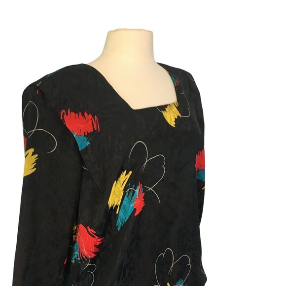 Le Art Vintage 80s Black w/Bold Pattern Drop Waist Dress 40 bust Secretary sz 12 - Picture 4 of 9